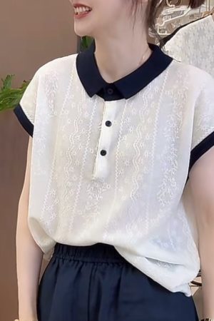 French Jacquard Polo Collar Short Sleeve Knitted Top for Women - 2025 Summer Style, Fashionable and Youthful Blouse