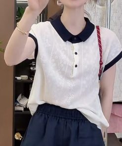 French Jacquard Polo Collar Short Sleeve Knitted Top for Women - 2025 Summer Style, Fashionable and Youthful Blouse
