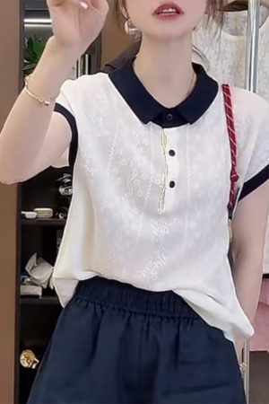 French Jacquard Polo Collar Short Sleeve Knitted Top for Women - 2025 Summer Style, Fashionable and Youthful Blouse