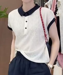 French Jacquard Polo Collar Short Sleeve Knitted Top for Women - 2025 Summer Style, Fashionable and Youthful Blouse