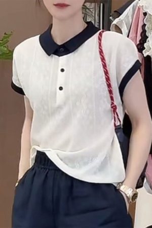 French Jacquard Polo Collar Short Sleeve Knitted Top for Women - 2025 Summer Style, Fashionable and Youthful Blouse