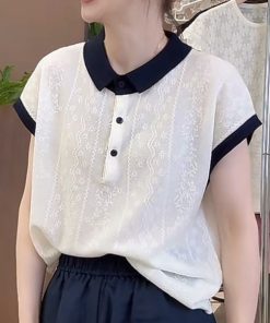 French Jacquard Polo Collar Short Sleeve Knitted Top for Women - 2025 Summer Style, Fashionable and Youthful Blouse