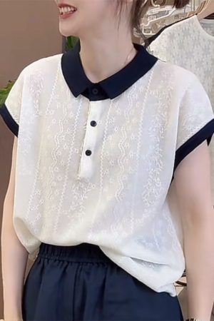 French Jacquard Polo Collar Short Sleeve Knitted Top for Women - 2025 Summer Style, Fashionable and Youthful Blouse