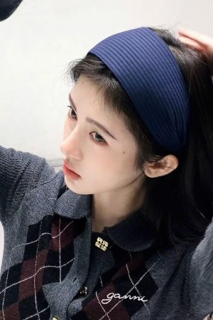 French Knitted Gray Wide Headband for Women, High Crown Hair Accessory, Y2K Style Hairpin
