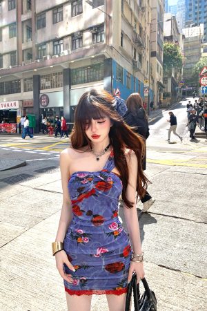 French Lace Sexy Dress with Waist-Defining Bodycon Fit - Women's Summer Short Skirt in Monet's Back Garden Style