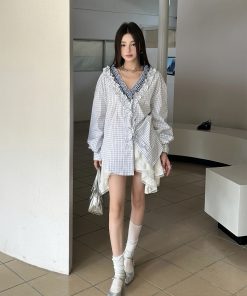 French Layered Lace Collar Plaid Shirt for Women - Unique Exquisite Design, Vintage-Inspired, Chic Fashion Top