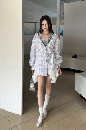 French Layered Lace Collar Plaid Shirt for Women - Unique Exquisite Design, Vintage-Inspired, Chic Fashion Top