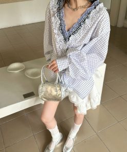 French Layered Lace Collar Plaid Shirt for Women - Unique Exquisite Design, Vintage-Inspired, Chic Fashion Top