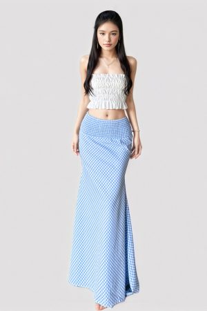 French Minimalist Blue Plaid High-Waisted Bodycon Mermaid Skirt - Sexy Low Waist Slimming Summer Fashion Statement