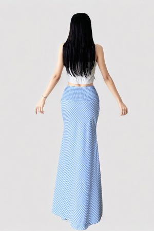 French Minimalist Blue Plaid High-Waisted Bodycon Mermaid Skirt - Sexy Low Waist Slimming Summer Fashion Statement