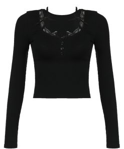 French Pure Desire Black Halter Lace Spliced Low-Cut Long Sleeve T-Shirt - Women's Waist-Defining Spring Top, Y2K Style