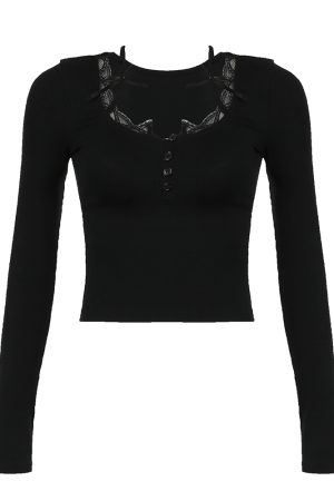 French Pure Desire Black Halter Lace Spliced Low-Cut Long Sleeve T-Shirt - Women's Waist-Defining Spring Top, Y2K Style
