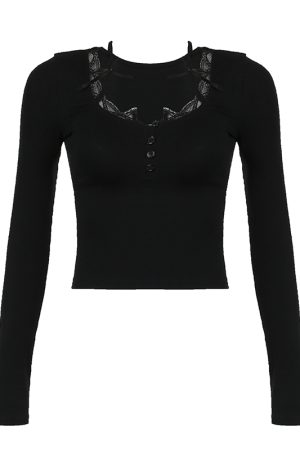 French Pure Desire Black Halter Lace Spliced Low-Cut Long Sleeve T-Shirt - Women's Waist-Defining Spring Top, Y2K Style