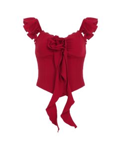 French Red Three-Dimensional Floral Lace Waist-Defined Flutter Sleeve Camisole - Trendy Girly Short Top for Y2K Style