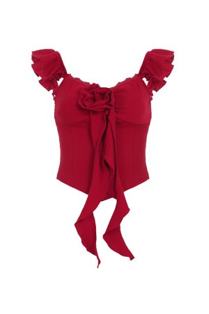 French Red Three-Dimensional Floral Lace Waist-Defined Flutter Sleeve Camisole - Trendy Girly Short Top for Y2K Style