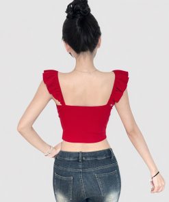French Red Three-Dimensional Floral Lace Waist-Defined Flutter Sleeve Camisole - Trendy Girly Short Top for Y2K Style