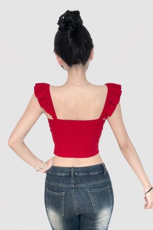 French Red Three-Dimensional Floral Lace Waist-Defined Flutter Sleeve Camisole - Trendy Girly Short Top for Y2K Style
