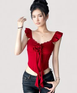 French Red Three-Dimensional Floral Lace Waist-Defined Flutter Sleeve Camisole - Trendy Girly Short Top for Y2K Style