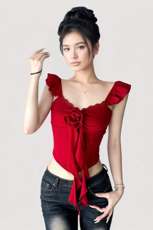 French Red Three-Dimensional Floral Lace Waist-Defined Flutter Sleeve Camisole - Trendy Girly Short Top for Y2K Style