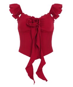 French Red Three-Dimensional Floral Lace Waist-Defined Flutter Sleeve Camisole - Trendy Girly Short Top for Y2K Style