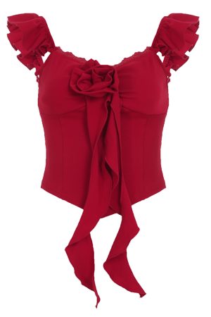 French Red Three-Dimensional Floral Lace Waist-Defined Flutter Sleeve Camisole - Trendy Girly Short Top for Y2K Style