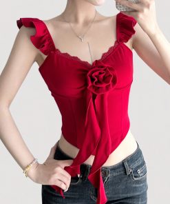 French Red Three-Dimensional Floral Lace Waist-Defined Flutter Sleeve Camisole - Trendy Girly Short Top for Y2K Style