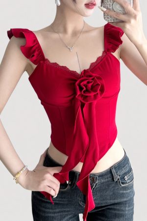 French Red Three-Dimensional Floral Lace Waist-Defined Flutter Sleeve Camisole - Trendy Girly Short Top for Y2K Style