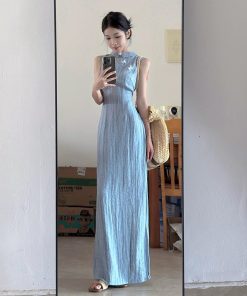 French Retro Sleeveless Striped Cheongsam Dress for Women - Summer Chinese Style Long Dress