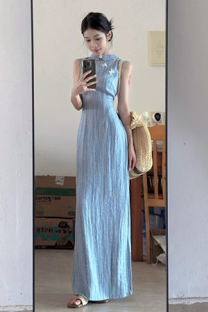French Retro Sleeveless Striped Cheongsam Dress for Women - Summer Chinese Style Long Dress