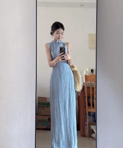 French Retro Sleeveless Striped Cheongsam Dress for Women - Summer Chinese Style Long Dress