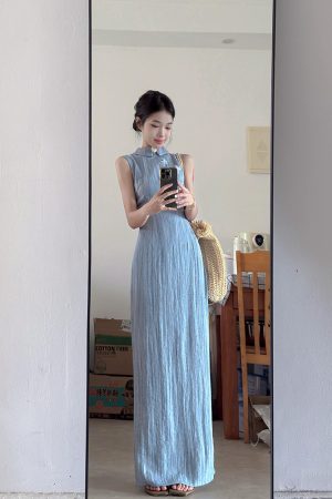 French Retro Sleeveless Striped Cheongsam Dress for Women - Summer Chinese Style Long Dress