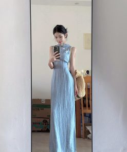 French Retro Sleeveless Striped Cheongsam Dress for Women - Summer Chinese Style Long Dress