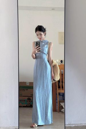 French Retro Sleeveless Striped Cheongsam Dress for Women - Summer Chinese Style Long Dress