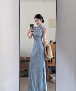 French Retro Sleeveless Striped Cheongsam Dress for Women - Summer Chinese Style Long Dress