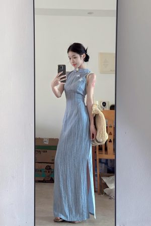 French Retro Sleeveless Striped Cheongsam Dress for Women - Summer Chinese Style Long Dress