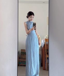 French Retro Sleeveless Striped Cheongsam Dress for Women - Summer Chinese Style Long Dress