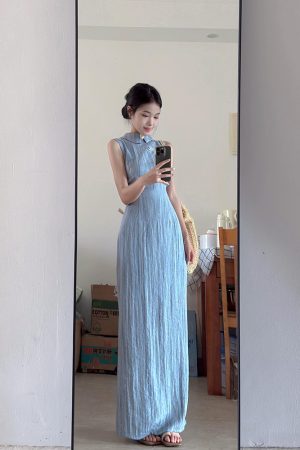 French Retro Sleeveless Striped Cheongsam Dress for Women - Summer Chinese Style Long Dress