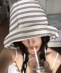 French Striped Wide-Brimmed Fisherman Hat for Sun Protection - Flattering Face Shape, 2025 Women's INS Style Hat