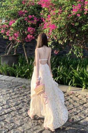 French-Style Backless Halter Slip Dress with Fairy Design - Summer Vacation Long Dress for Hot Girls