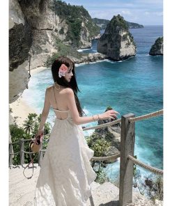 French-Style Backless Halter Slip Dress with Fairy Design - Summer Vacation Long Dress for Hot Girls