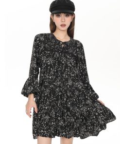 French Style Black Long Sleeve Floral Dress for Women - Petite A-Line Spring & Autumn Fashion