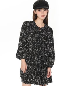 French Style Black Long Sleeve Floral Dress for Women - Petite A-Line Spring & Autumn Fashion