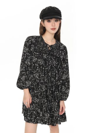 French Style Black Long Sleeve Floral Dress for Women - Petite A-Line Spring & Autumn Fashion