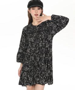 French Style Black Long Sleeve Floral Dress for Women - Petite A-Line Spring & Autumn Fashion