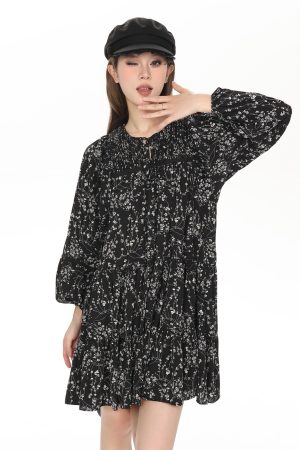 French Style Black Long Sleeve Floral Dress for Women - Petite A-Line Spring & Autumn Fashion