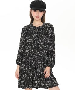 French Style Black Long Sleeve Floral Dress for Women - Petite A-Line Spring & Autumn Fashion