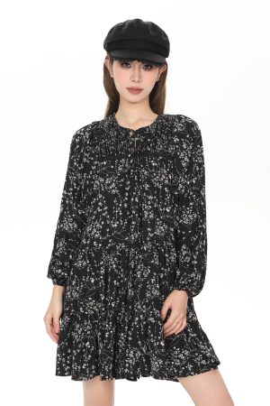 French Style Black Long Sleeve Floral Dress for Women - Petite A-Line Spring & Autumn Fashion