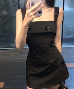 French-Style Black Spaghetti Strap Dress for Women â€“ Waist-Cinching Elegant Design, Short Skirt, Perfect for Summer Nights