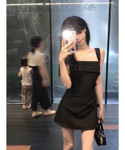 French-Style Black Spaghetti Strap Dress for Women â€“ Waist-Cinching Elegant Design, Short Skirt, Perfect for Summer Nights