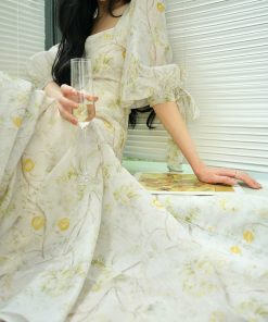 French Style Botanical Print Maxi Dress with Large Neckline, Waist-Cinching Design - Sweet and Elegant Fashion for Every Occasion